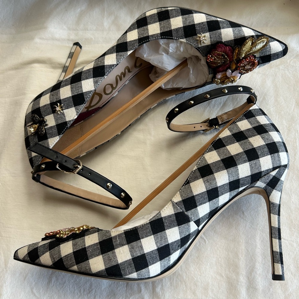 NWB Sam Edelman Hermione Heels, Women Size 10.5, Color Black/White Gingham